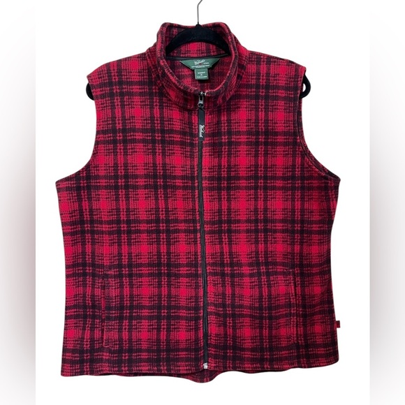 Woolrich Red Plaid Fleece Zip Vest Size XL - Picture 1 of 13